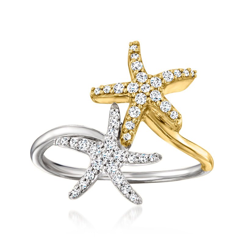 Diamond starfish double ring in sterling silver with 14kt yellow gold accents