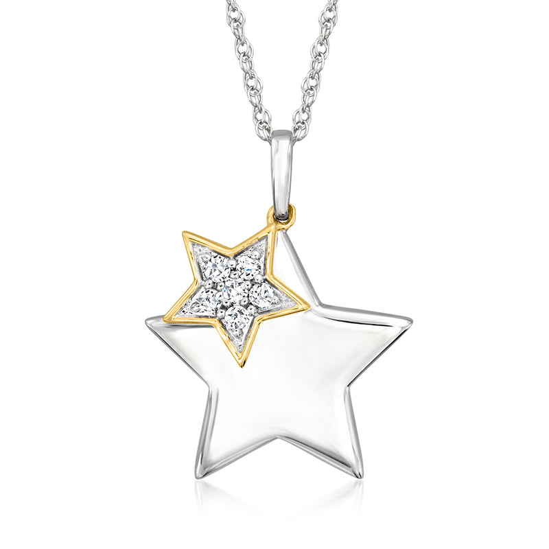 Sterling silver star pendant necklace with round diamonds and 14kt yellow gold outline