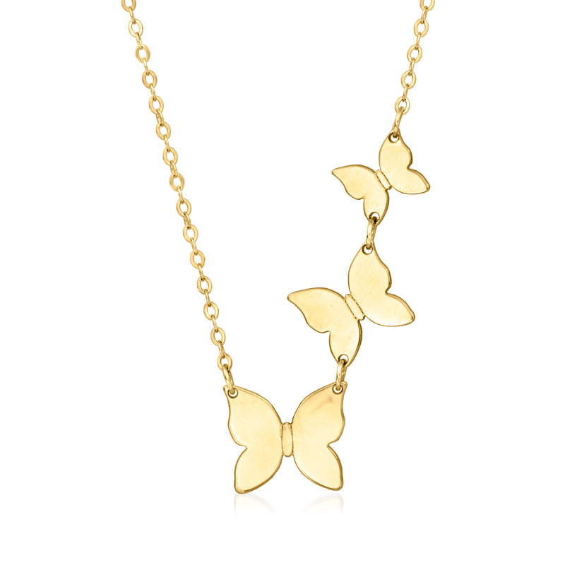 14kt yellow gold butterfly trio necklace with three dangling butterfly charms