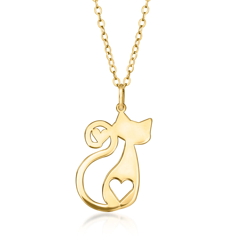 14kt yellow gold cat pendant necklace, heart-shaped eyes and curved tail