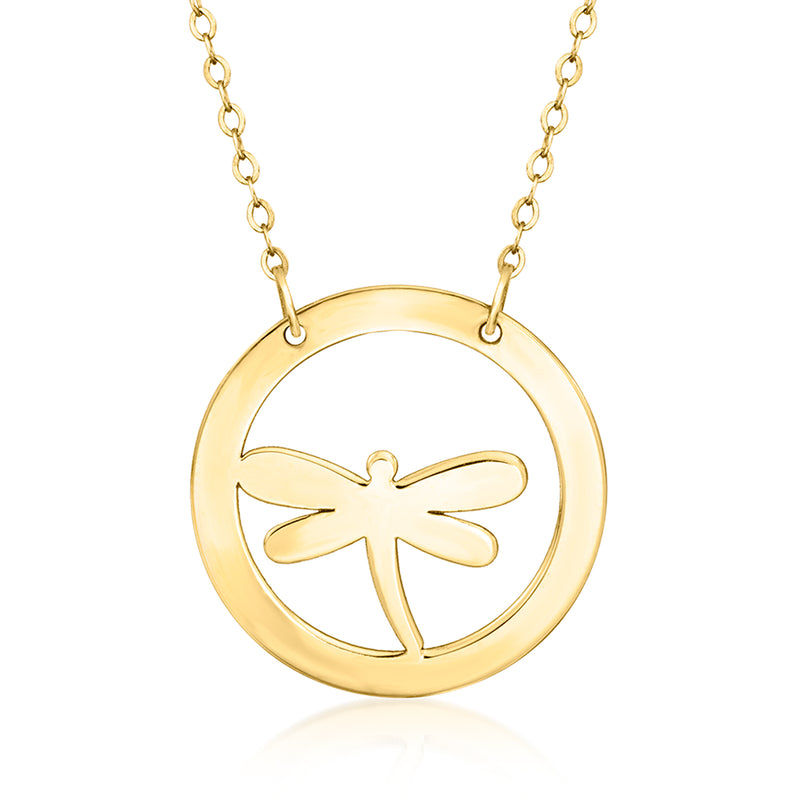 14kt yellow gold dragonfly pendant necklace with round coin-style charm and link chain