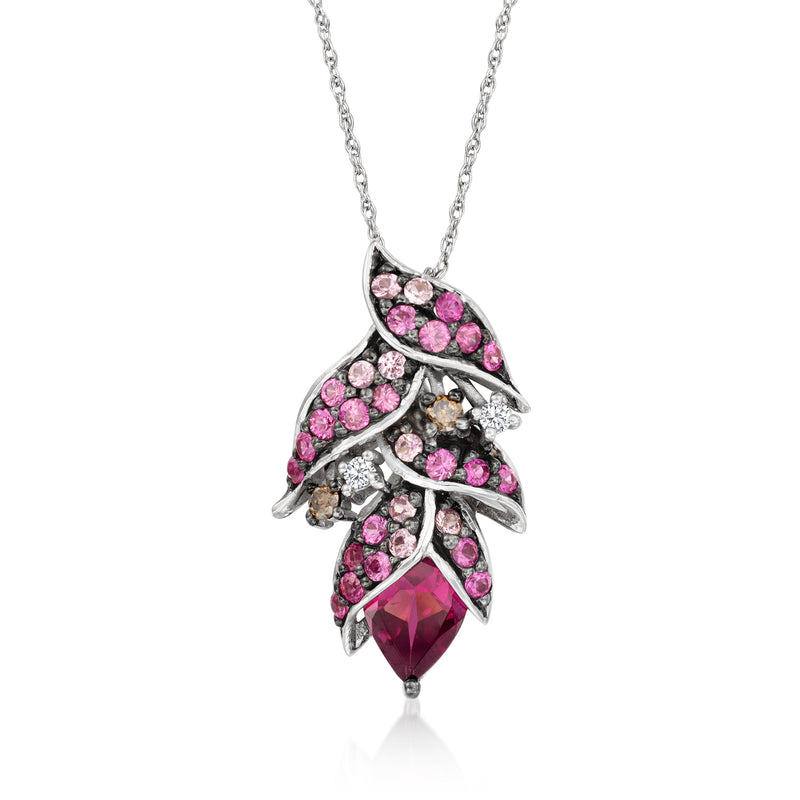 Le Vian floral pendant necklace with pink gemstone leaves, teardrop center stone, chain