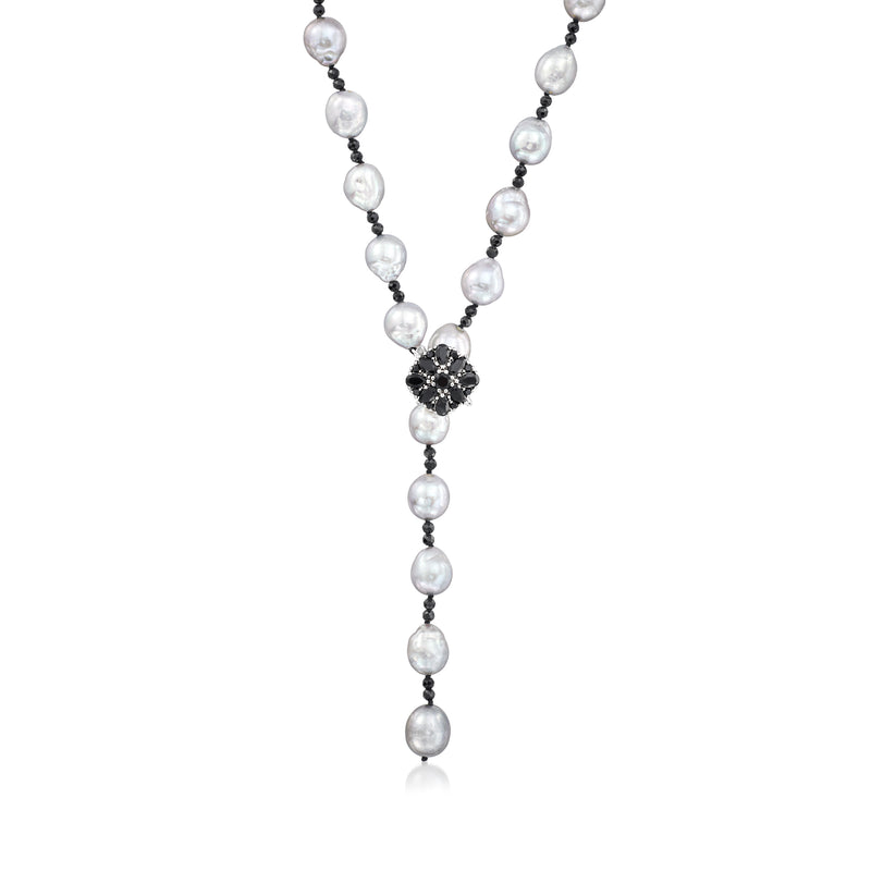 Baroque cultured pearl adjustable necklace with black spinel cluster, sterling silver