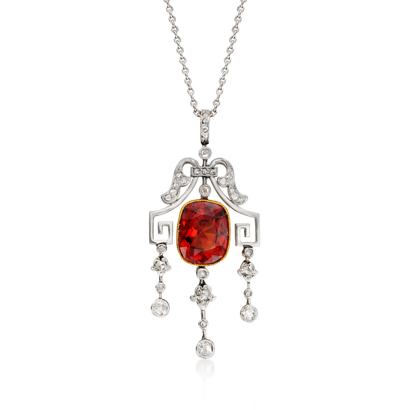 Vintage drop pendant necklace with red oval garnet center and diamond dangling accents