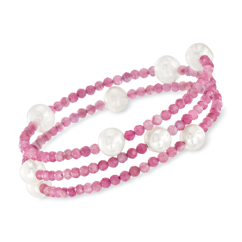 Pink gemstone bead wrap bracelet with white cultured pearl accents