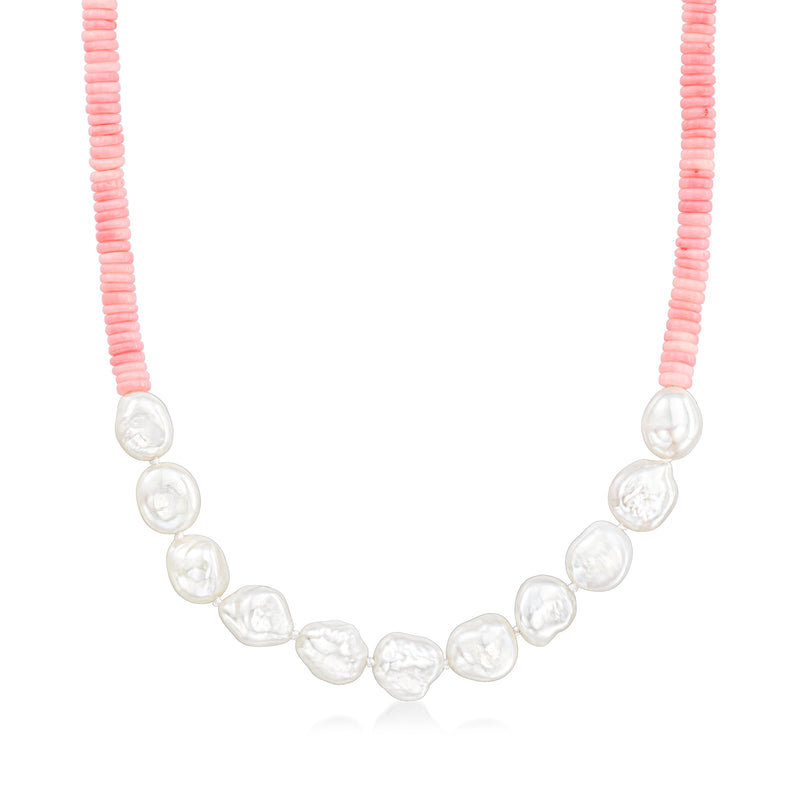 Pink coral disc bead necklace with white baroque cultured pearls and sterling silver accents