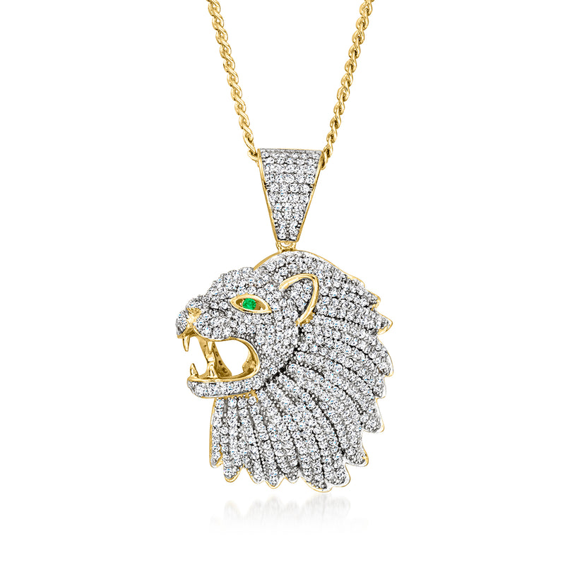 Gold-tone lion pendant necklace with CZ sparkle stones and green accent eye