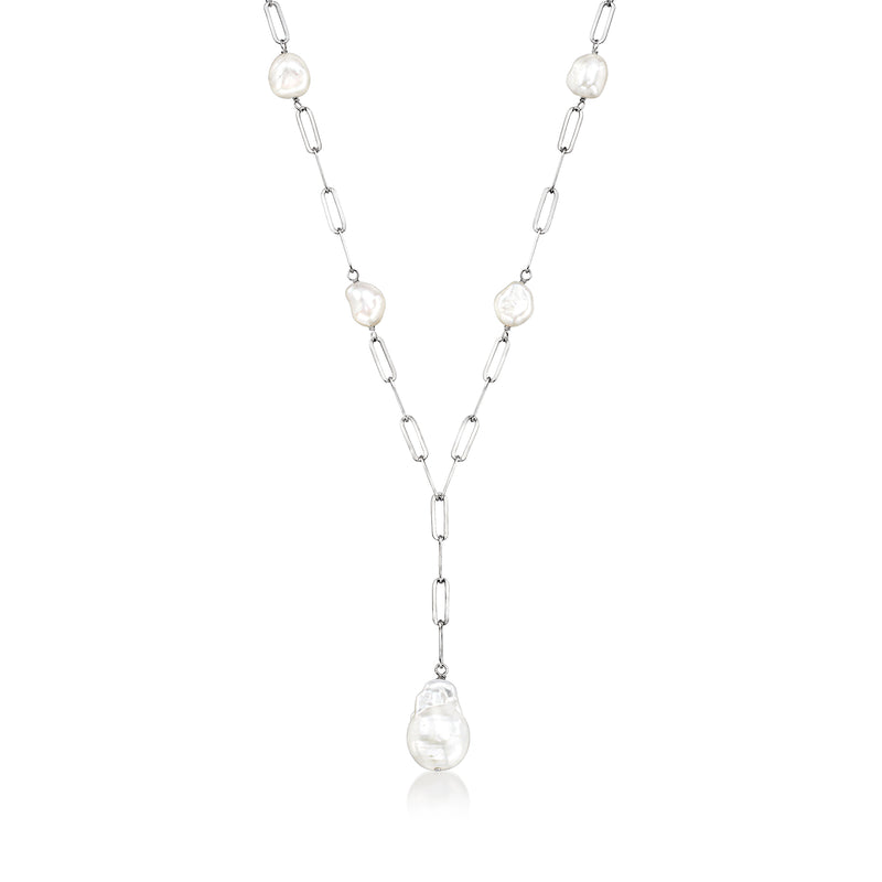 Sterling silver Y-necklace with paper-clip chain and baroque cultured pearls