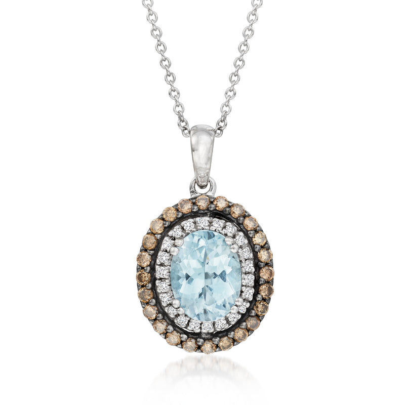 Aquamarine-style round pendant with diamond halo and brown and white accents