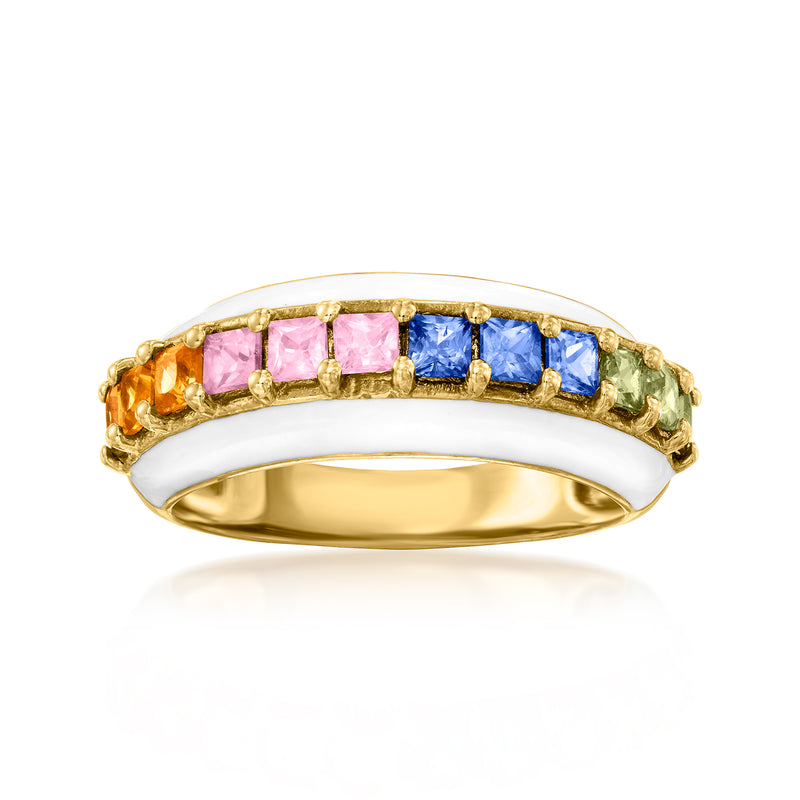 Gold ring with multicolored sapphire stones and white enamel inset