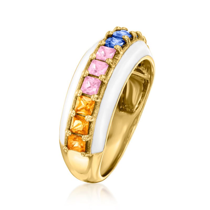 Gold ring with multicolored sapphire stones and white enamel band, side profile