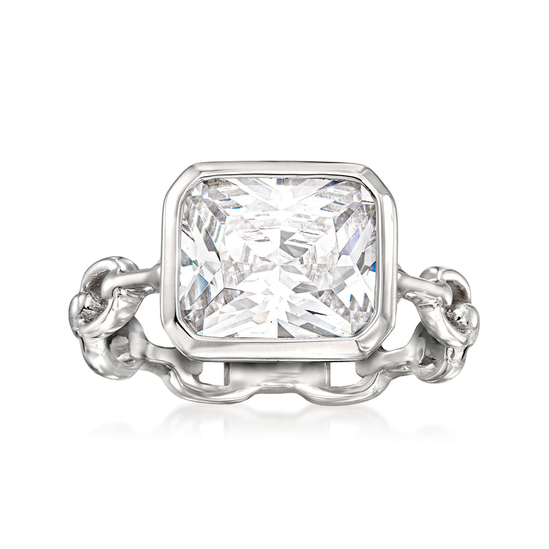 Sterling silver CZ paper-clip link ring with large square clear stone