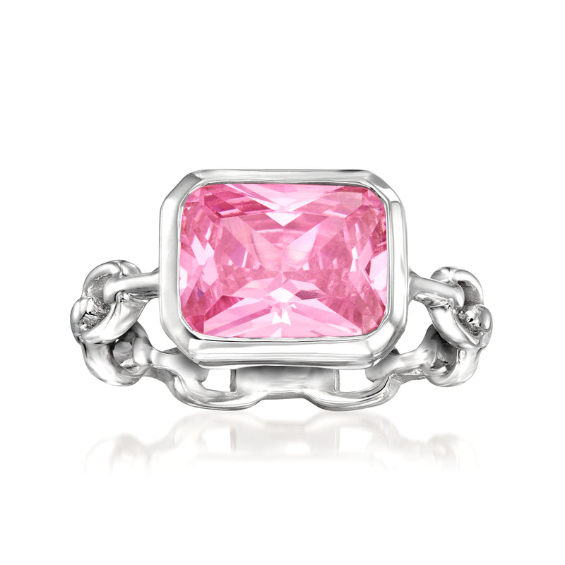 Sterling silver ring with rectangular pink gemstone in paper-clip link setting