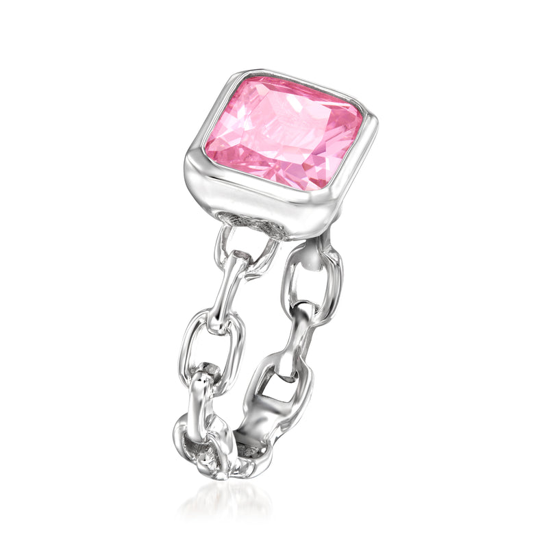 Sterling silver ring with pink rectangular gemstone set in a link band