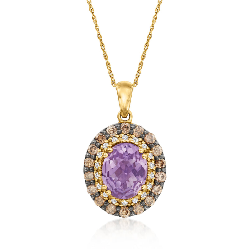 14kt honey gold pendant necklace with oval purple amethyst center and diamond halo