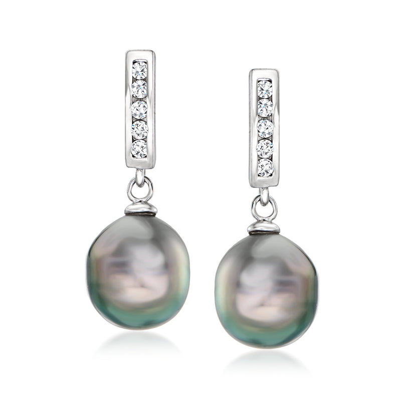 Sterling silver drop earrings with bezel-set CZ bar and round gray-green Tahitian pearls