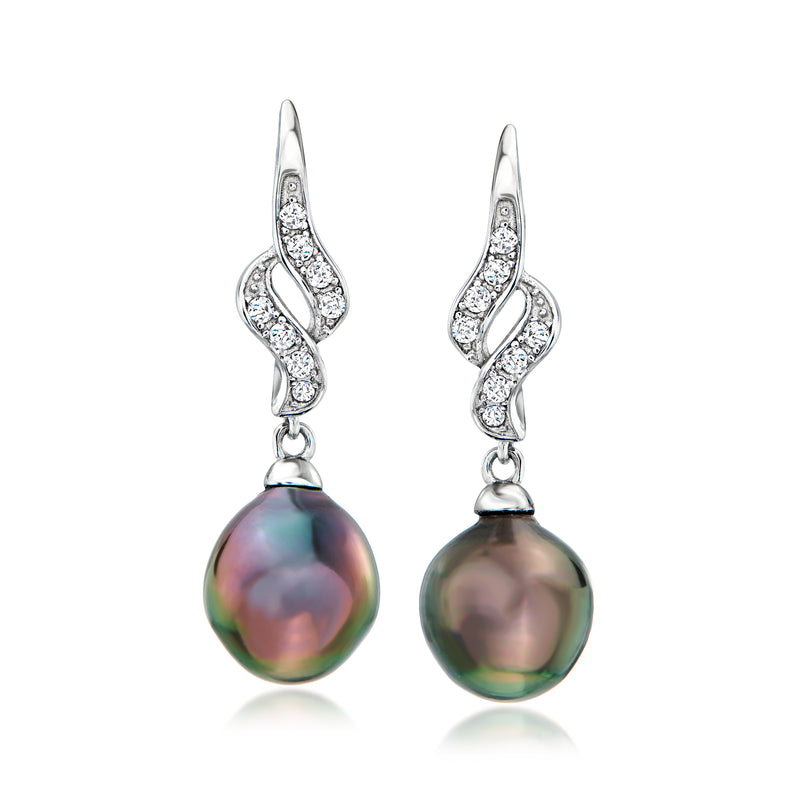 Sterling silver swirl drop earrings with CZ accents and dark iridescent Tahitian pearls