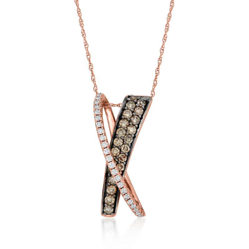 Diamond crisscross pendant necklace in strawberry gold with dark and clear stones