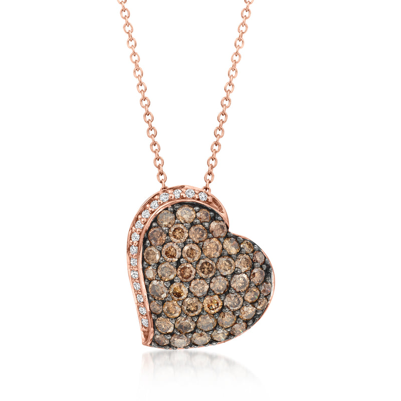 Rose gold heart pendant necklace with round chocolate diamond cluster and white diamond border
