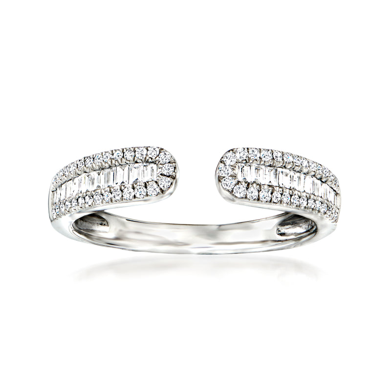 14kt white gold open-space cuff ring with baguette and round diamonds