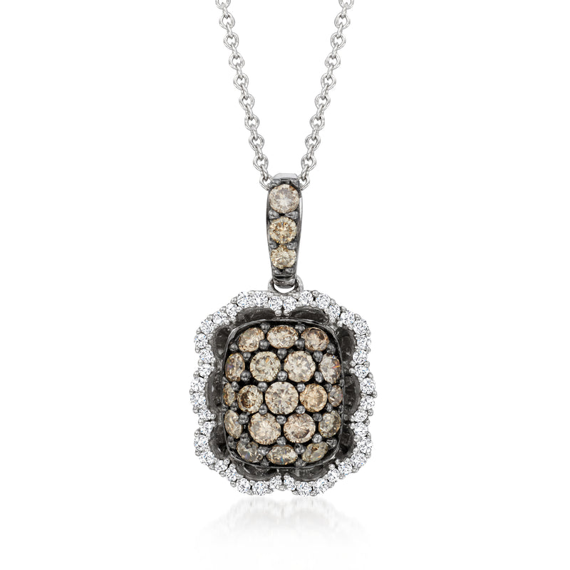 Round two-tone diamond pendant necklace with clustered center and sparkling halo, link chain.