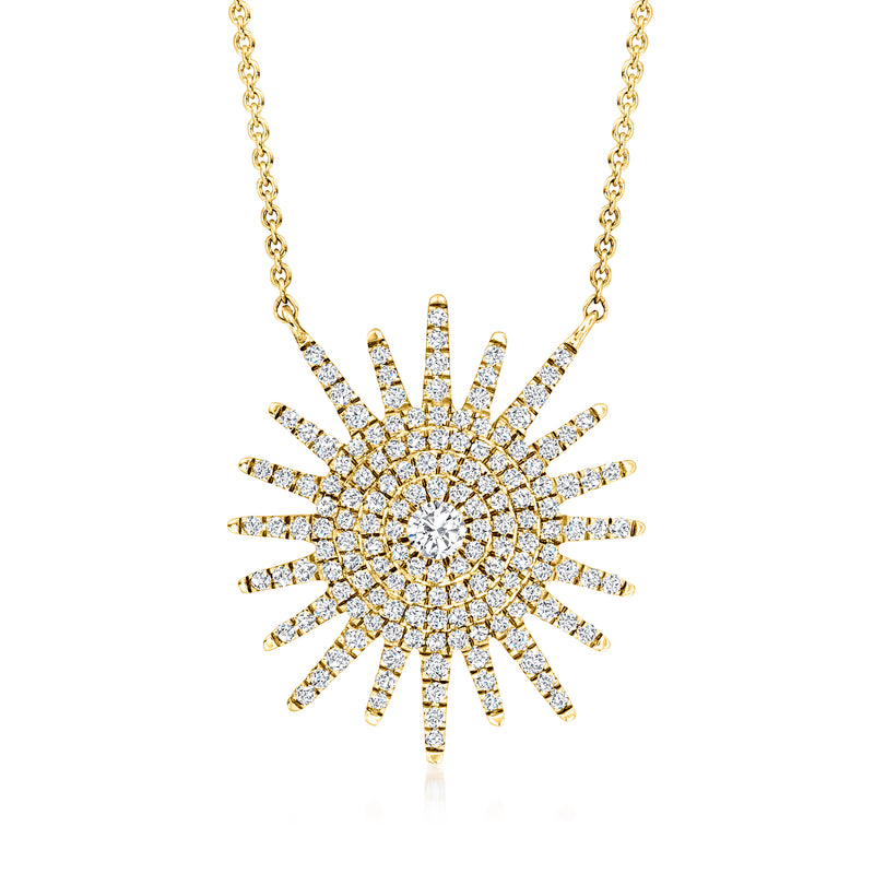 14kt yellow gold diamond sunburst necklace with round center and radiating stone rays