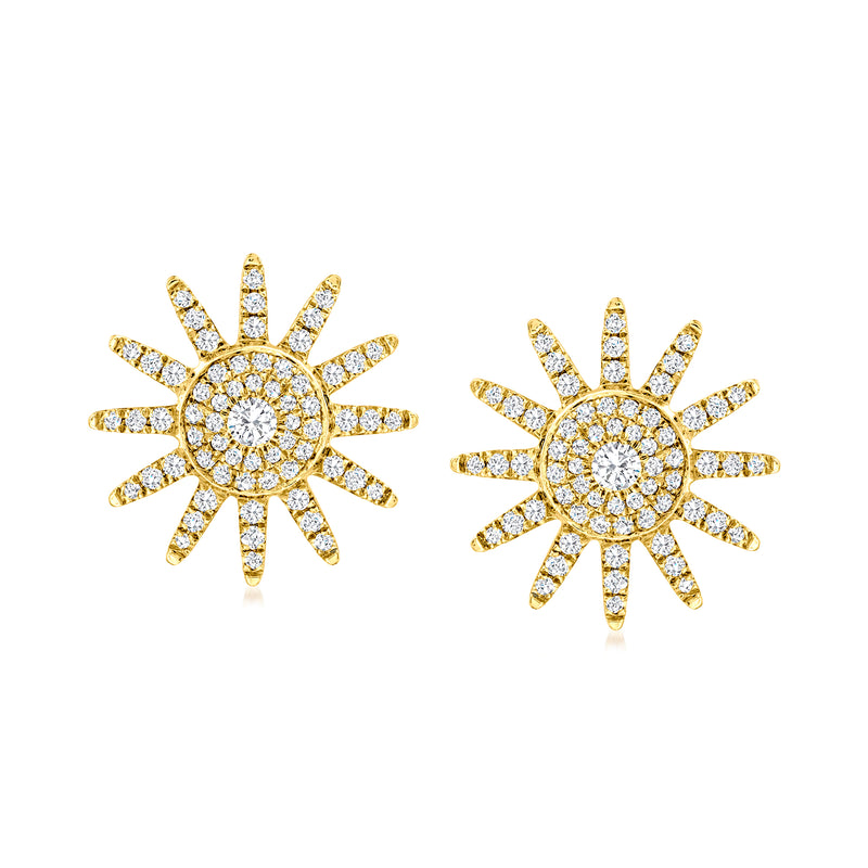 14kt yellow gold diamond sunburst stud earrings with circular center and rays