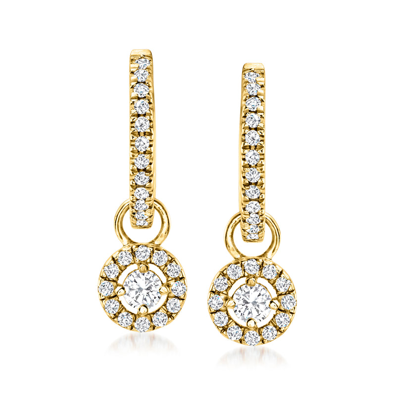 14kt yellow gold hoop drop earrings with round diamond halo clusters