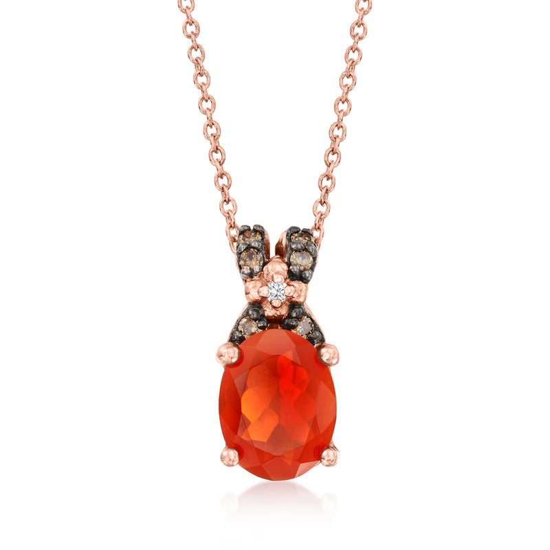 Rose gold pendant necklace with oval red fire opal center and dark diamond accents