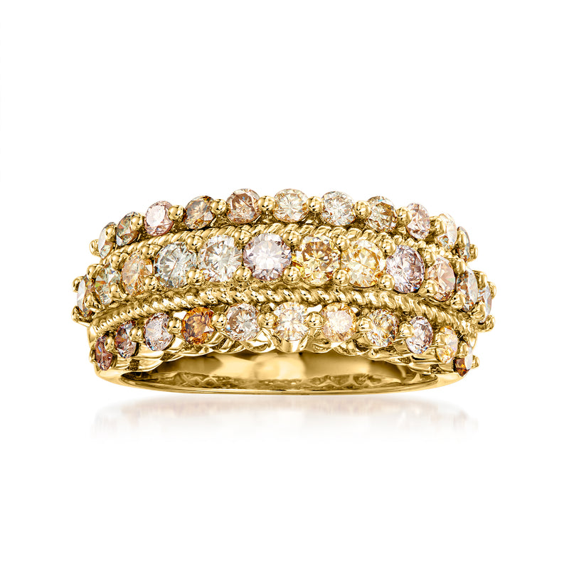 Three-row multicolored diamond ring in 14kt yellow gold, rounded band