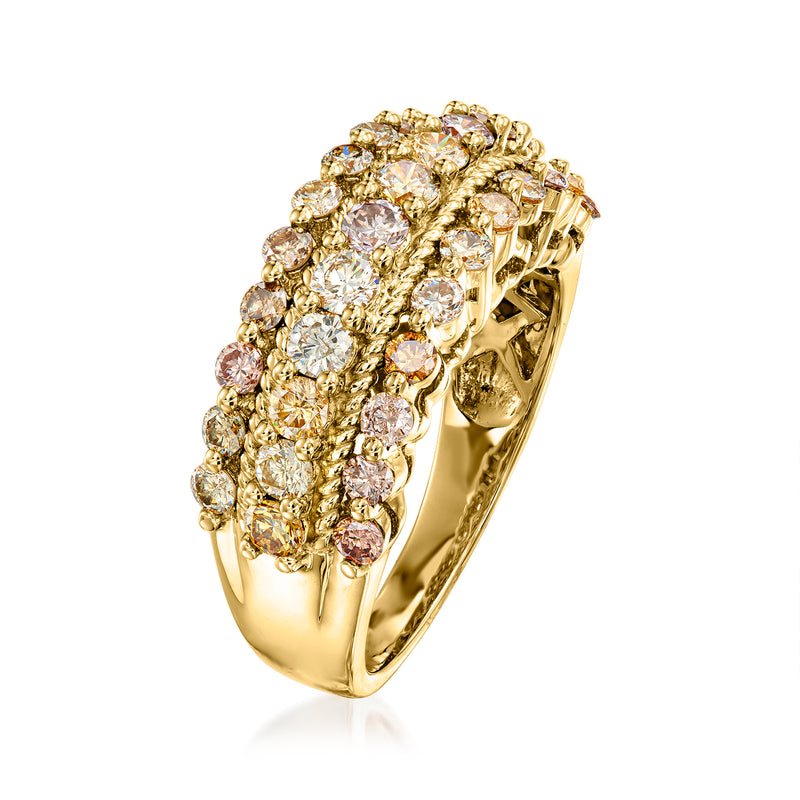 Side view of three-row multicolored diamond ring in 14kt yellow gold