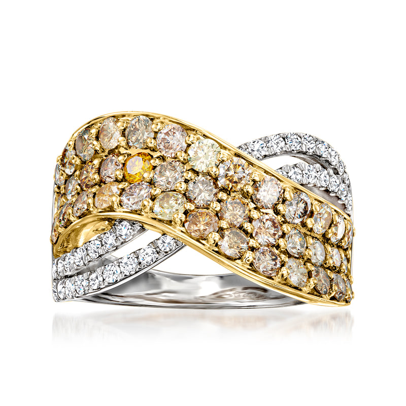 Two-tone gold wavy ring with multicolored round diamonds