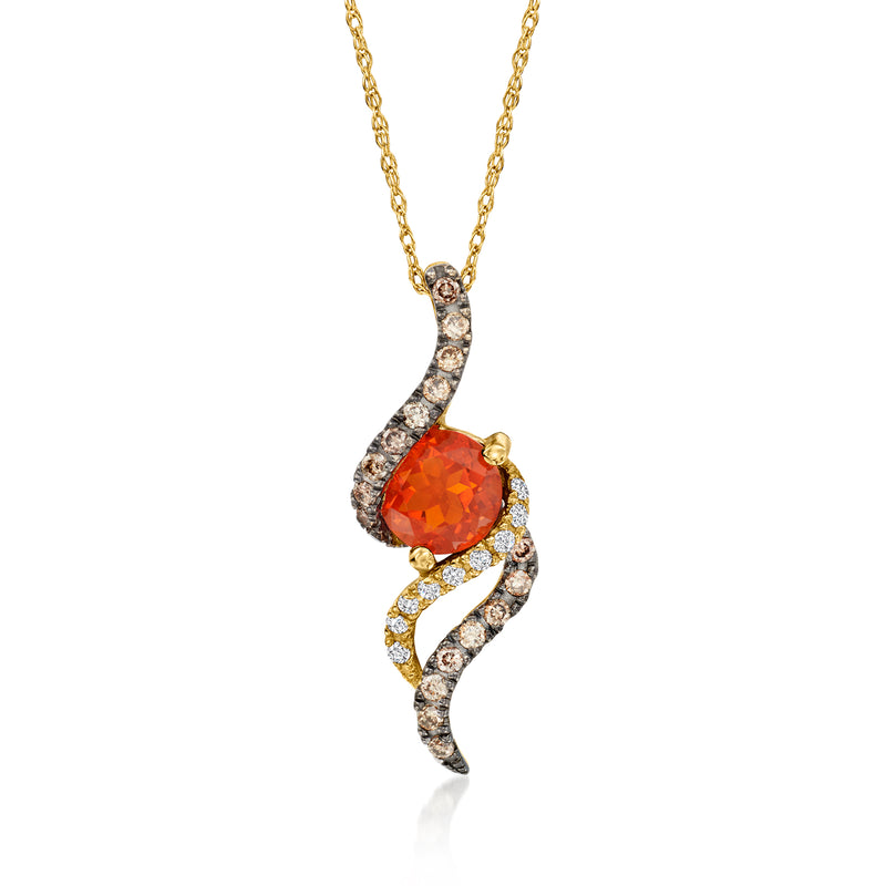 14kt honey gold swirl pendant necklace with orange Fire Opal center and diamond accents