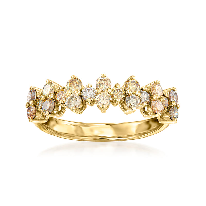 14kt yellow gold diamond cluster ring with multicolored round stones, curved band