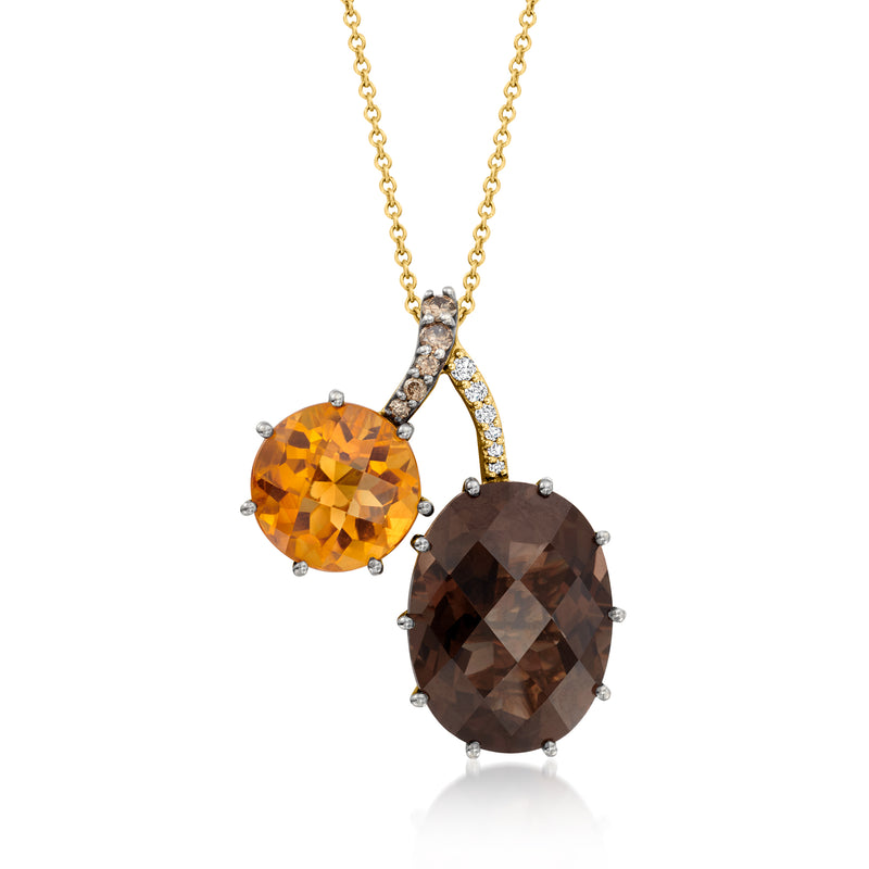 14kt honey gold pendant necklace: orange and dark brown oval gems with diamond accents
