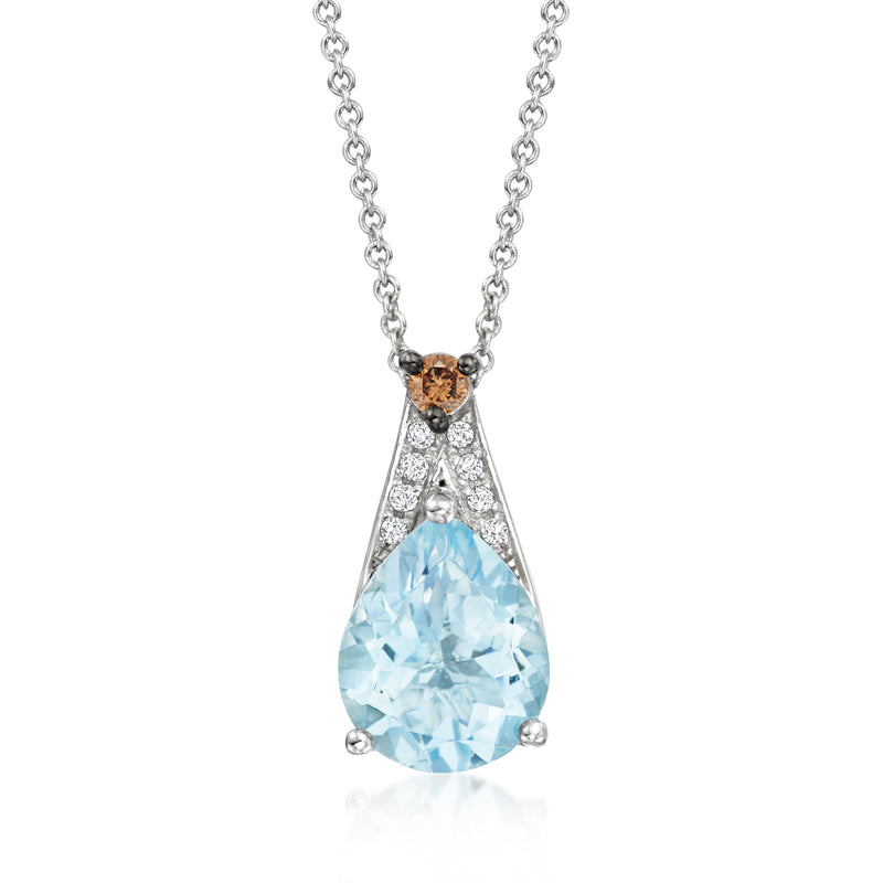 Teardrop aquamarine pendant necklace with diamond halo and linked chain