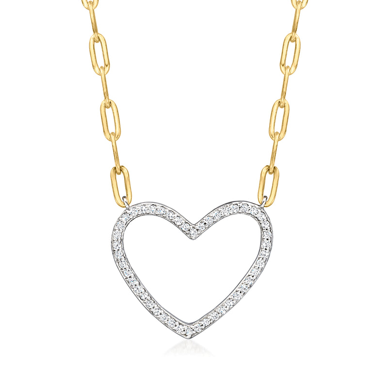 Diamond heart pendant paper clip link necklace in two-tone sterling silver