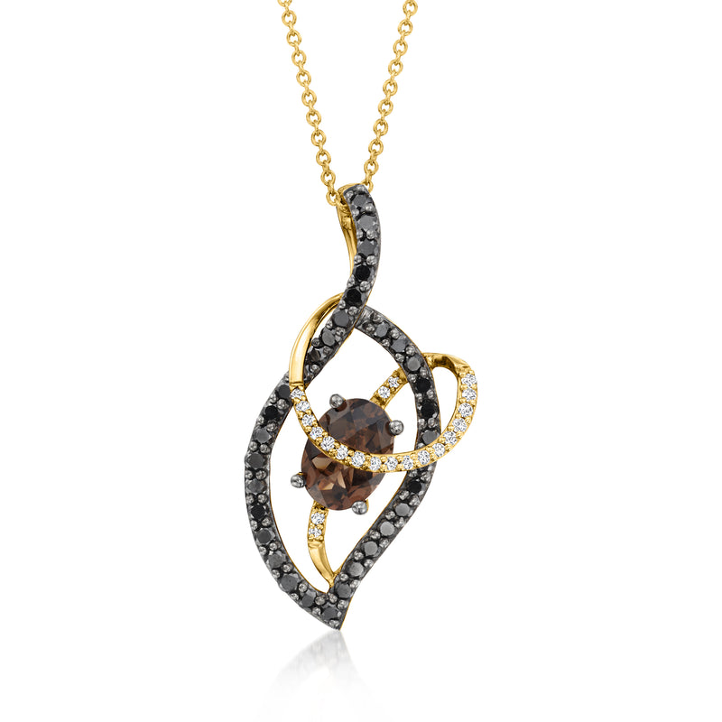 Le Vian gold pendant necklace with dark and clear round stones, teardrop swirl setting