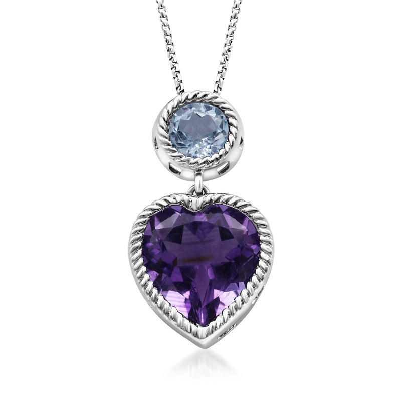 Sterling silver pendant necklace with purple heart amethyst and round sky-blue topaz