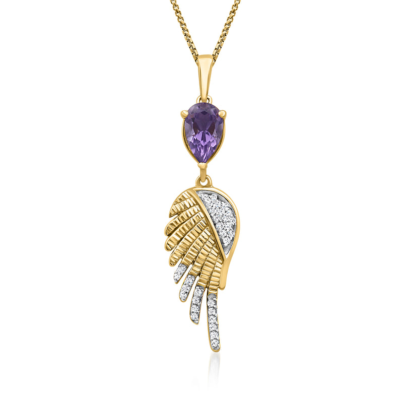 Amethyst angel wing pendant necklace with pear-cut amethyst and white stone wings, gold-tone