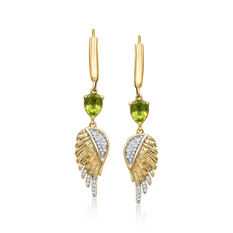 Angel wing drop earrings with green peridot hearts, white topaz wings, leverback in gold tone