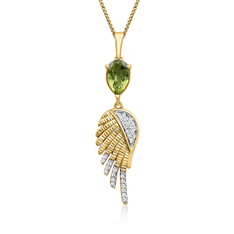 Peridot angel wing pendant necklace with white topaz in gold-tone