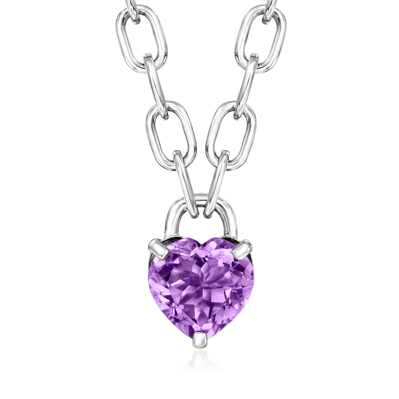 Sterling silver necklace with heart-shaped purple amethyst pendant and paper-clip links