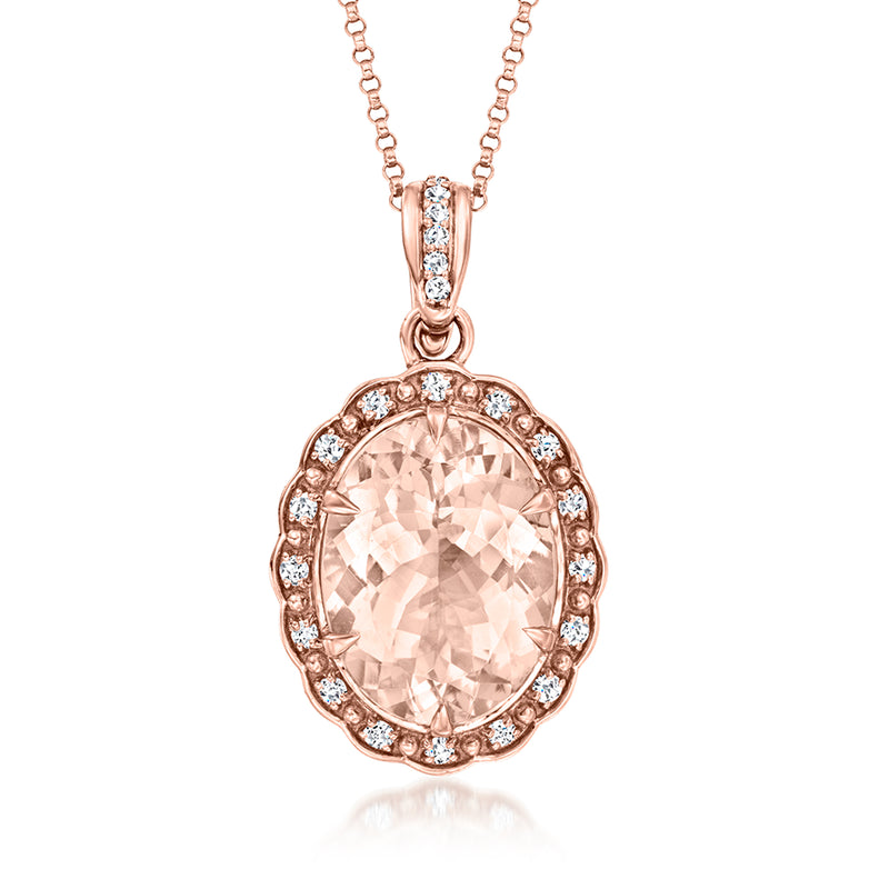 Rose gold oval morganite pendant with diamond halo and split bail