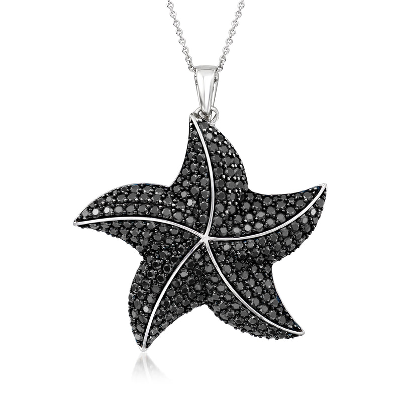 Black spinel starfish pendant necklace in sterling silver