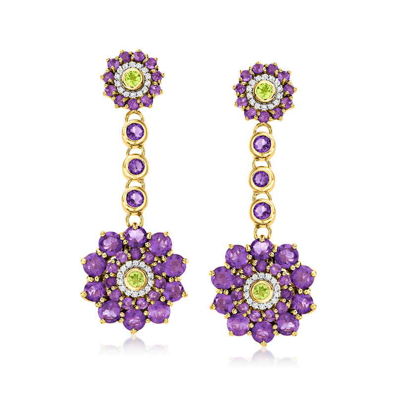 Floral drop earrings in gold tone with purple amethyst, green peridot, and round zircon accents.