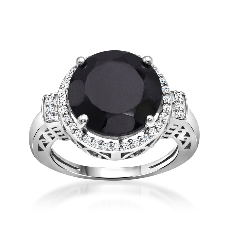 Sterling silver ring with black spinel center and white topaz halo