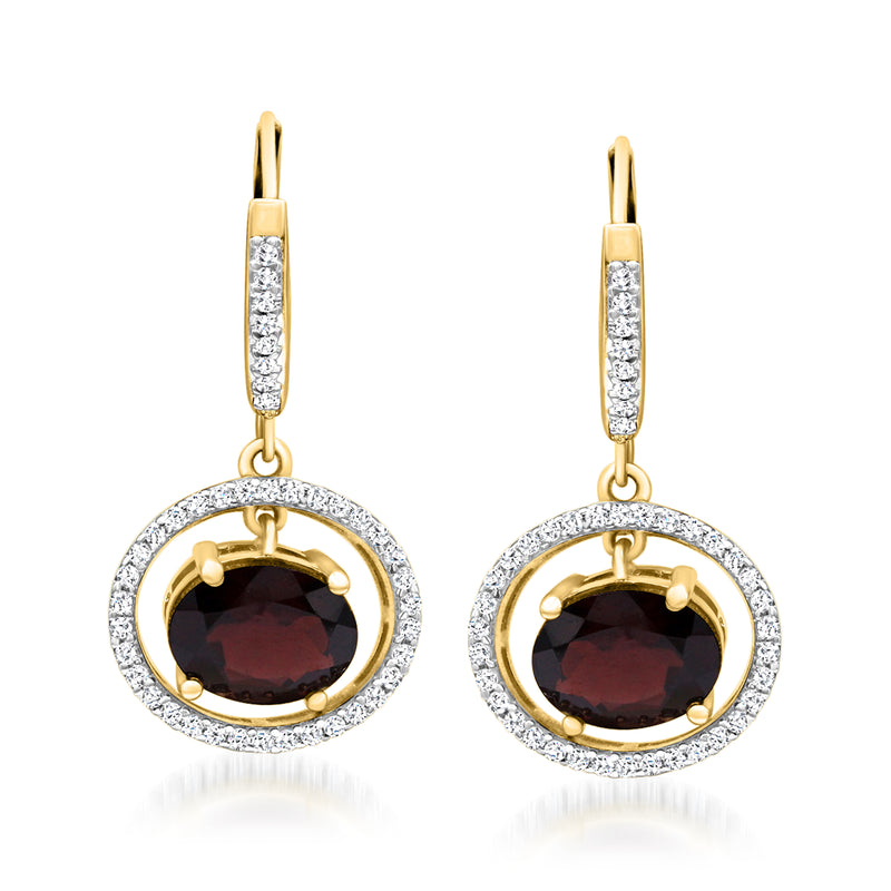 Garnet drop earrings with white topaz halo, gold leverback, 18k gold over sterling