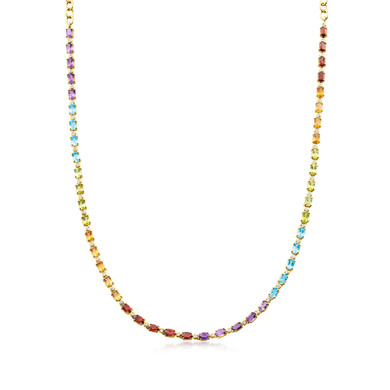Multi-gemstone tennis necklace with rainbow round stones on gold over sterling chain