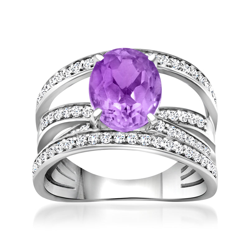 Sterling silver amethyst ring with oval purple center stone and white topaz accents